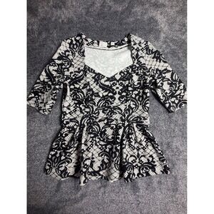 Anthropologie Postmark Black White Lace Print Peplum Top Sweetheart Neck M